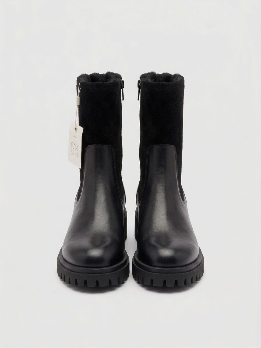 NWT LAMICA Italy Black Leather Suede Chunky Boots Sherpa Lined Sz 8.5 / 39